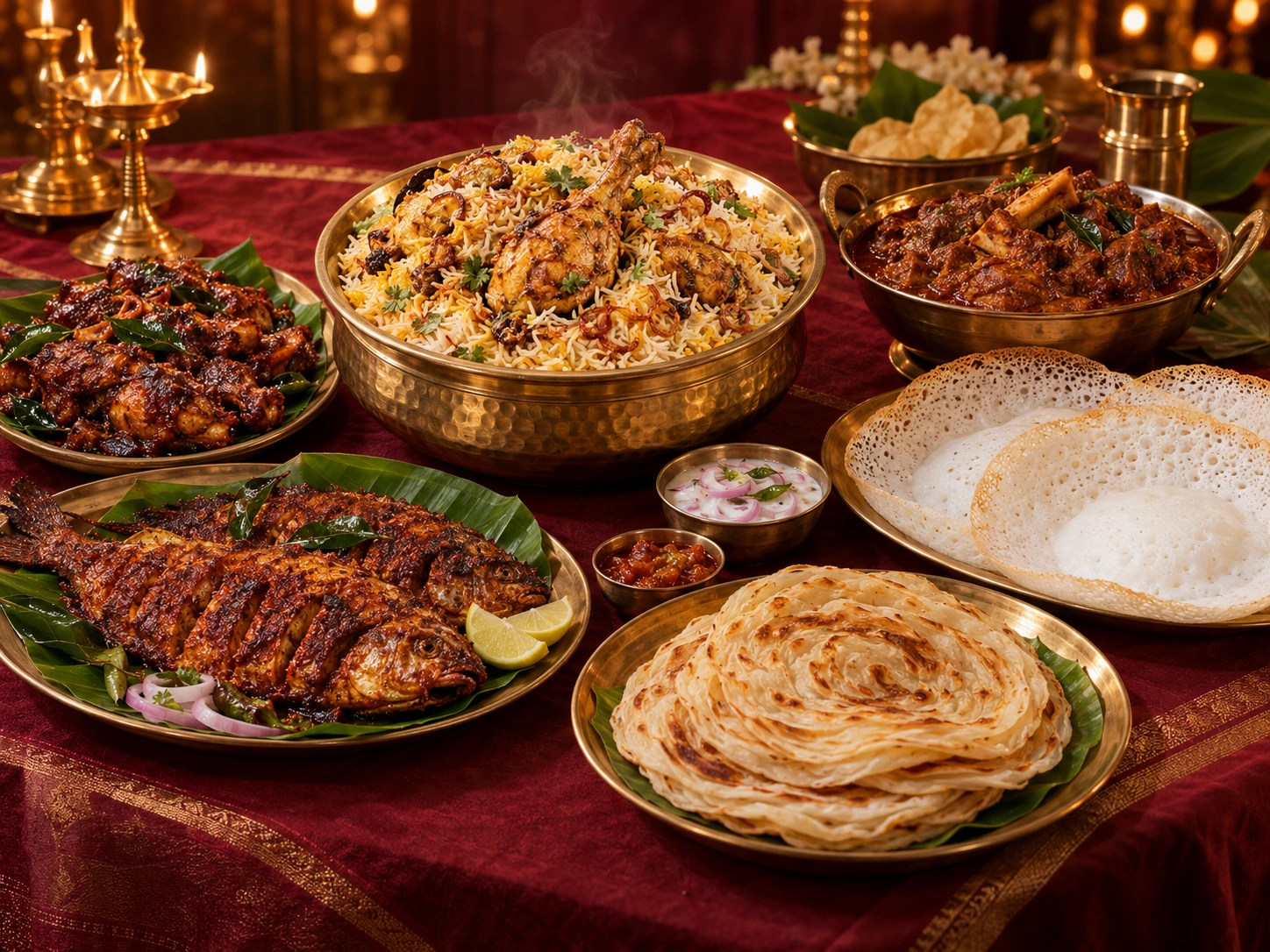 Festive Kerala non-vegetarian spread with biryani, curries and fish fry