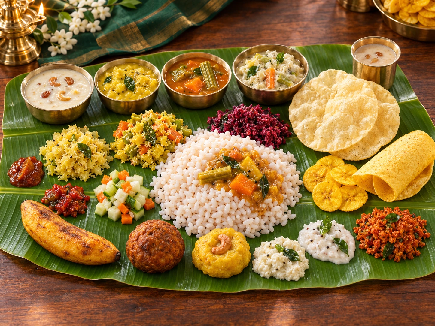 Traditional Kerala sadya arranged on a banana leaf